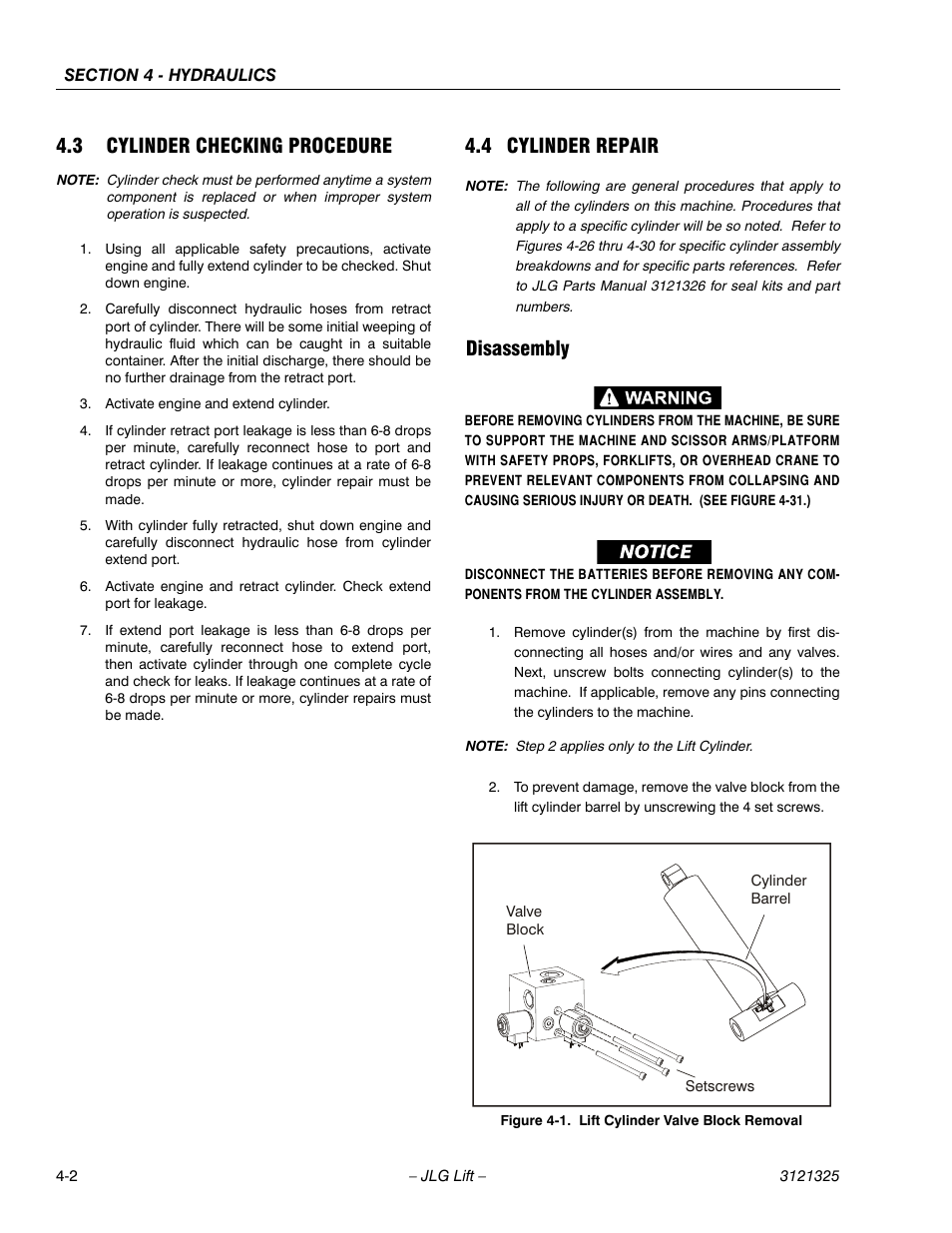 3 cylinder checking procedure, 4 cylinder repair, Disassembly | Cylinder checking procedure -2, Cylinder repair -2, Disassembly -2, Lift cylinder valve block removal -2 | JLG 80SL Service Manual User Manual | Page 82 / 162