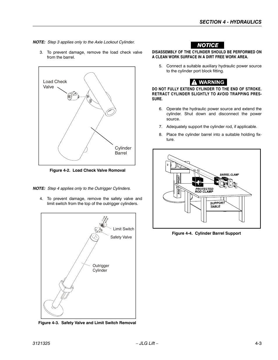 Load check valve romoval -3, Safety valve and limit switch removal -3, Cylinder barrel support -3 | JLG 80SL Service Manual User Manual | Page 83 / 162
