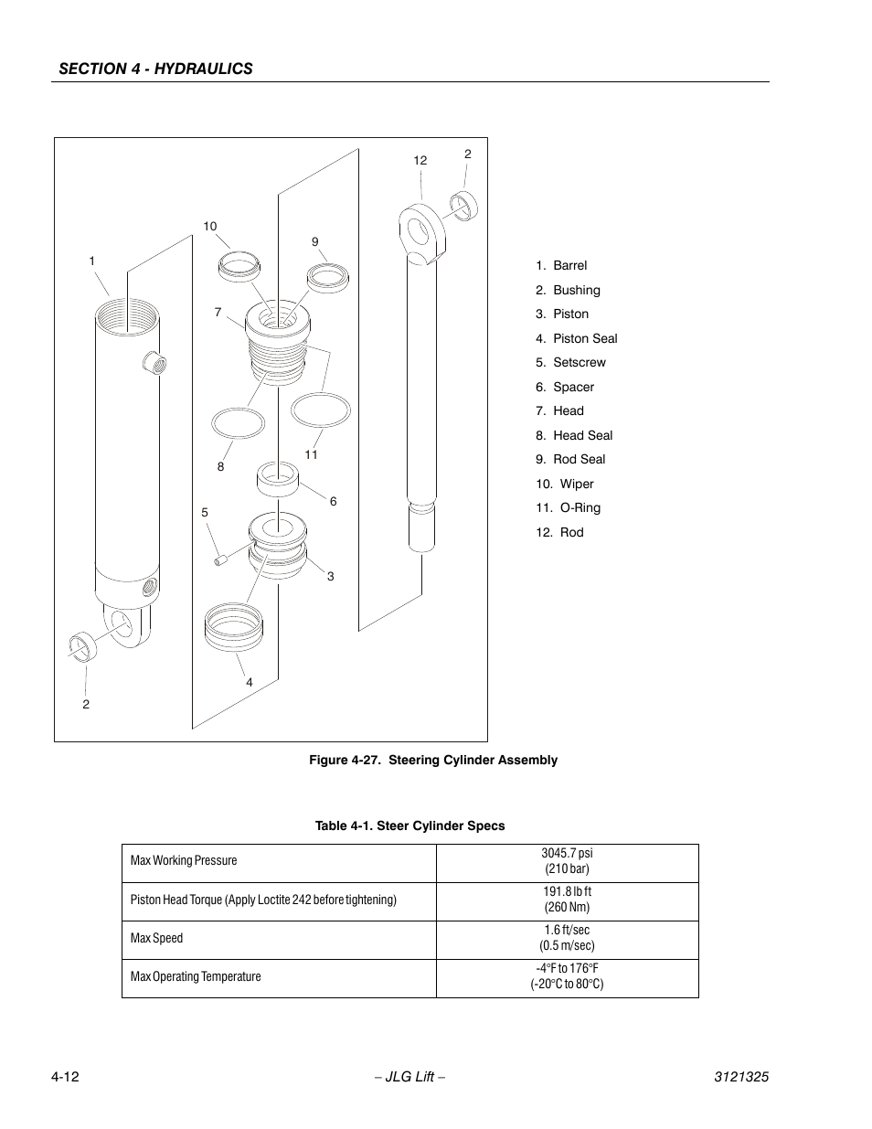 Steering cylinder assembly -12, Steer cylinder specs -12 | JLG 80SL Service Manual User Manual | Page 92 / 162