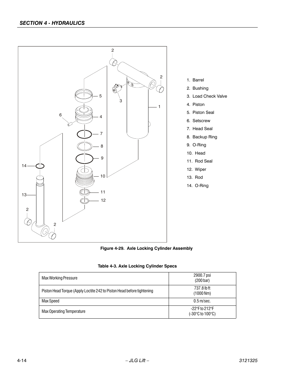 Axle locking cylinder assembly -14, Axle locking cylinder specs -14 | JLG 80SL Service Manual User Manual | Page 94 / 162