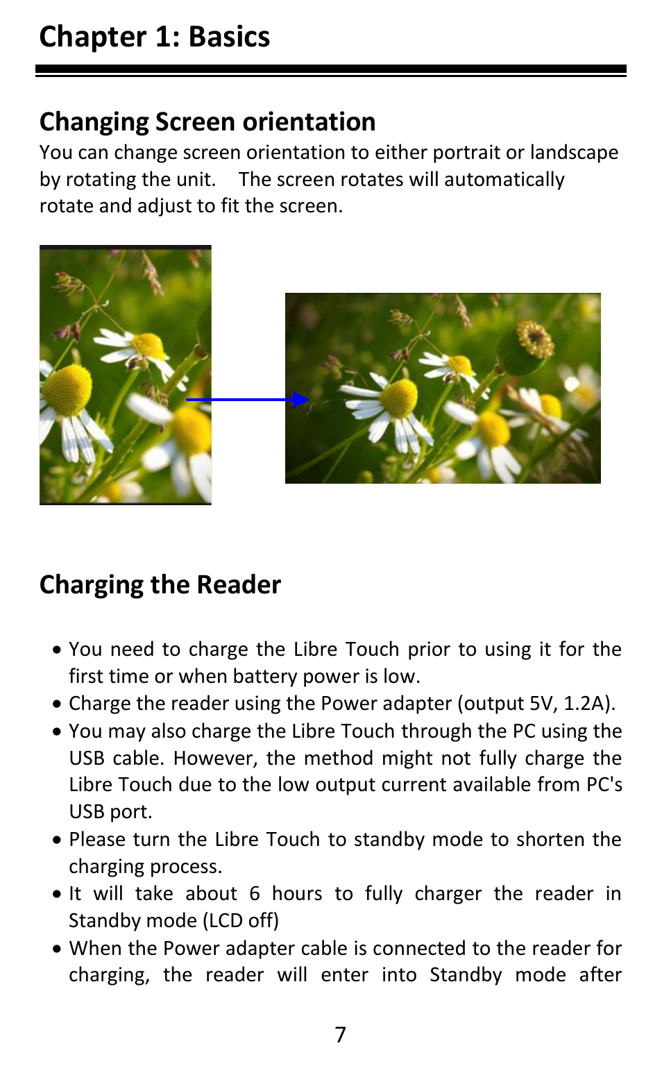 Chapter 1: basics, Changing screen orientation, Charging the reader | Aluratek AEBK08FB User Manual | Page 12 / 49