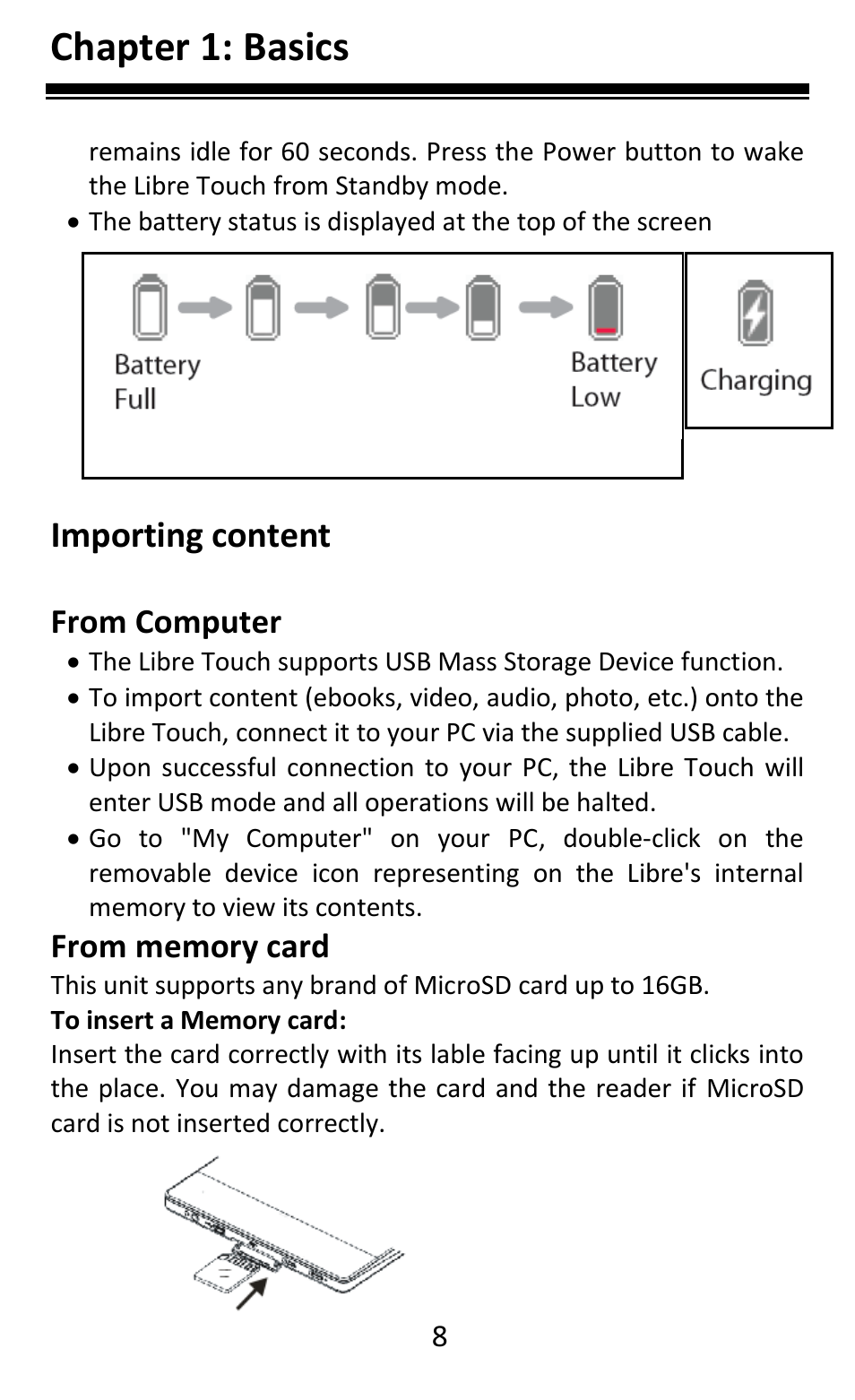 Chapter 1: basics, Importing content | Aluratek AEBK08FB User Manual | Page 13 / 49