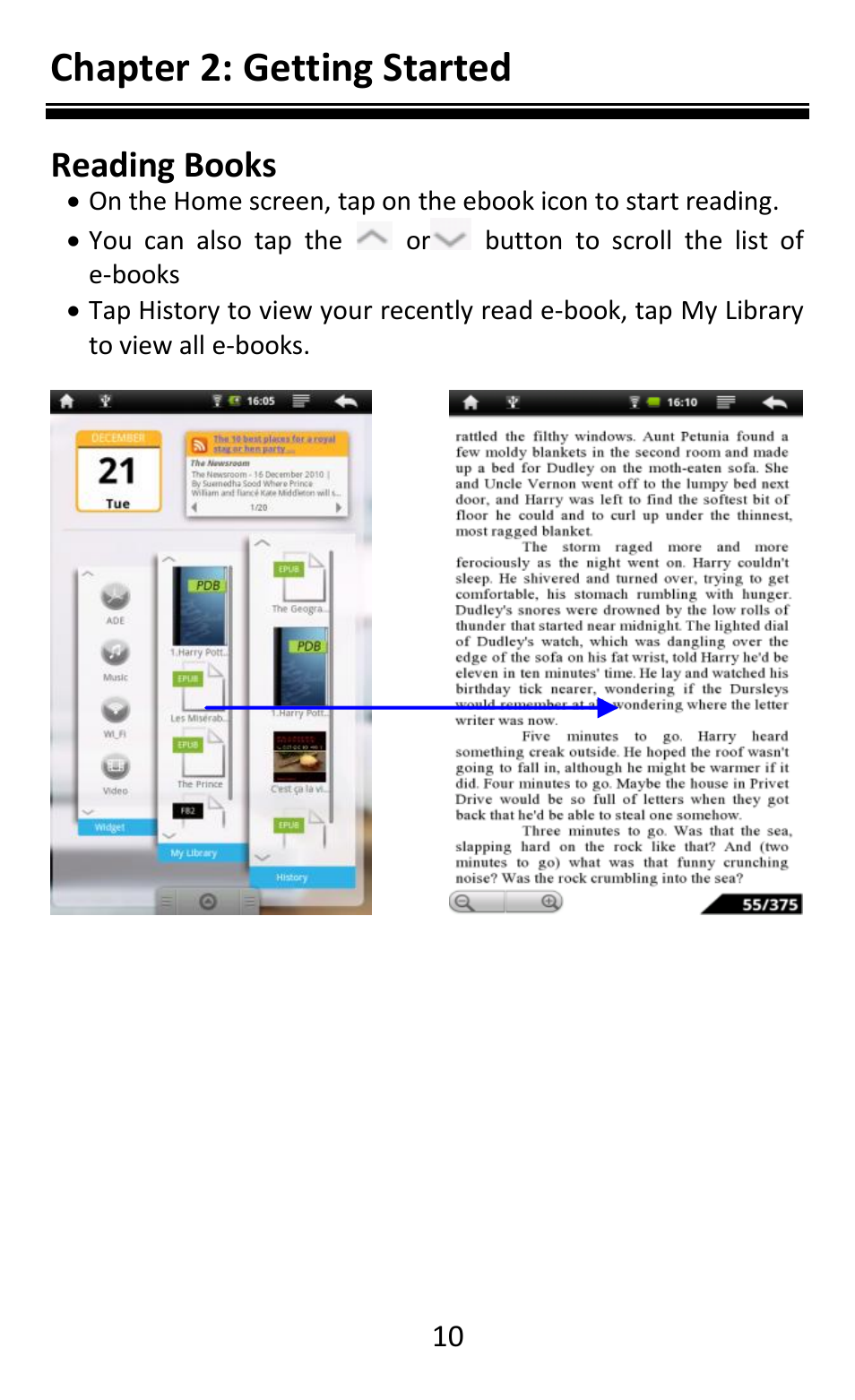 Chapter 2: getting started, Reading books | Aluratek AEBK08FB User Manual | Page 15 / 49