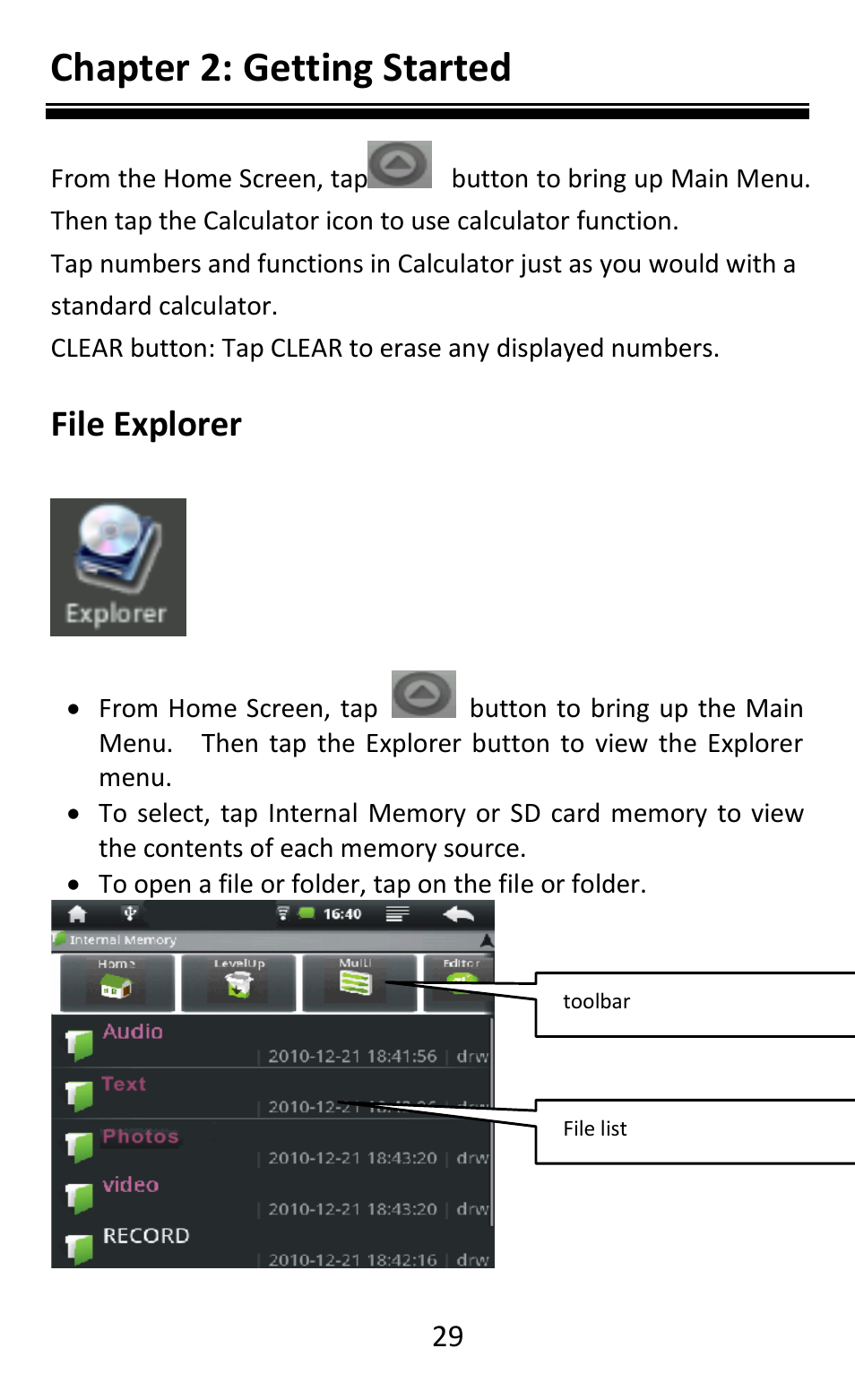 Chapter 2: getting started, File explorer | Aluratek AEBK08FB User Manual | Page 34 / 49