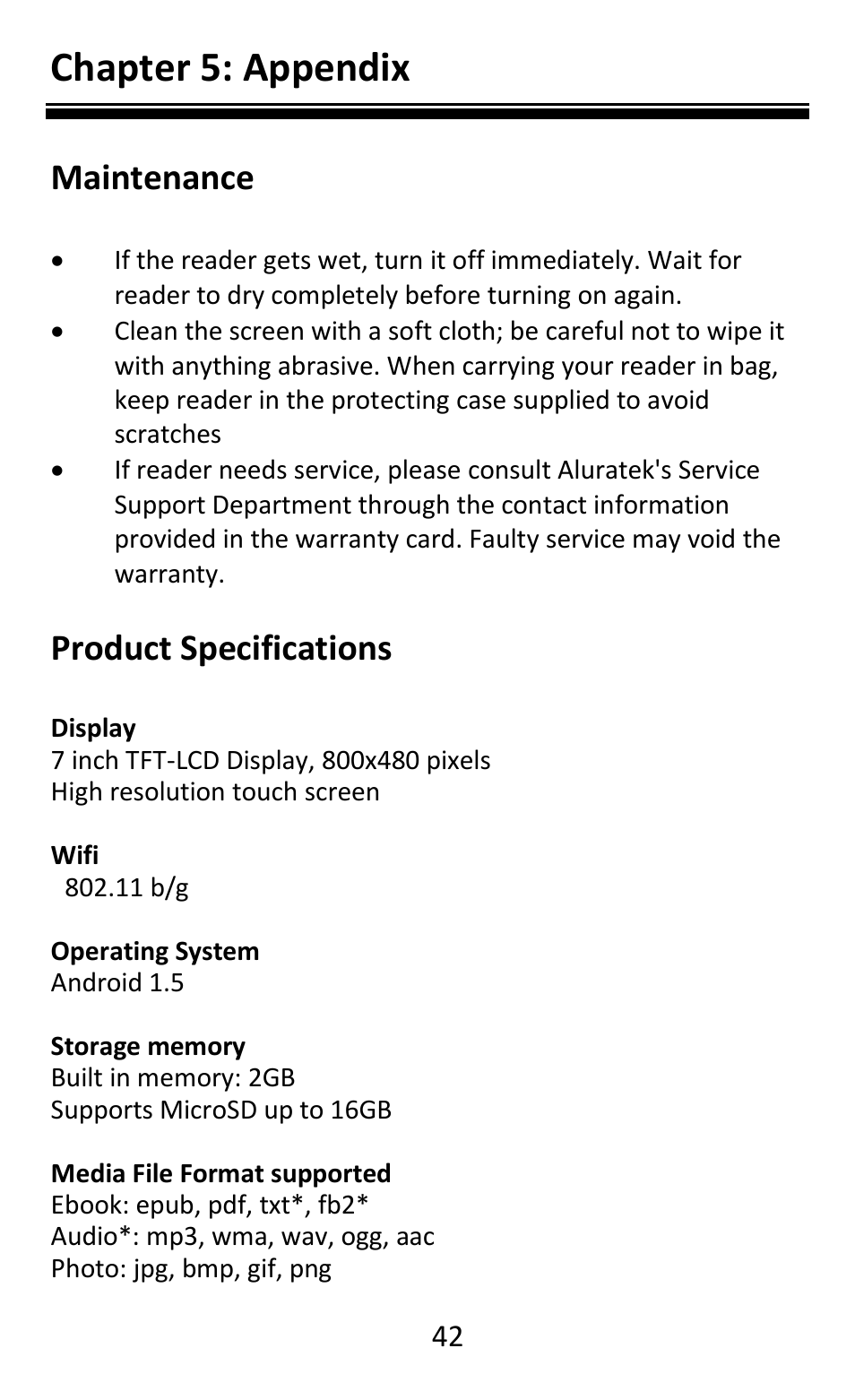 Chapter 5: appendix, Maintenance, Product specifications | Aluratek AEBK08FB User Manual | Page 47 / 49