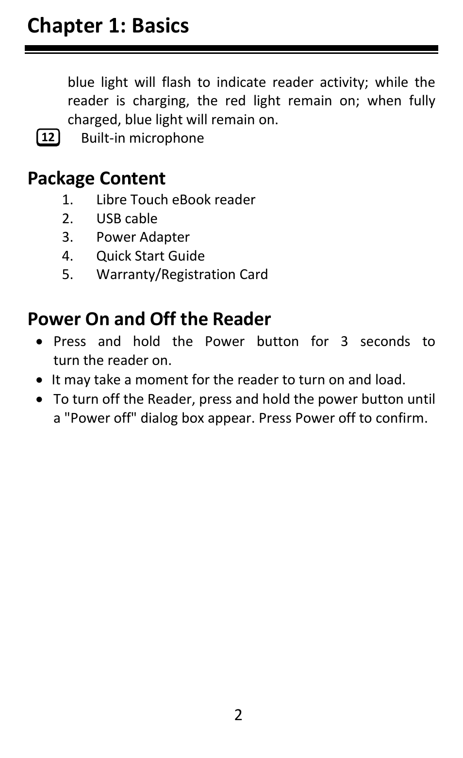 Chapter 1: basics, Package content, Power on and off the reader | Aluratek AEBK08FB User Manual | Page 7 / 49