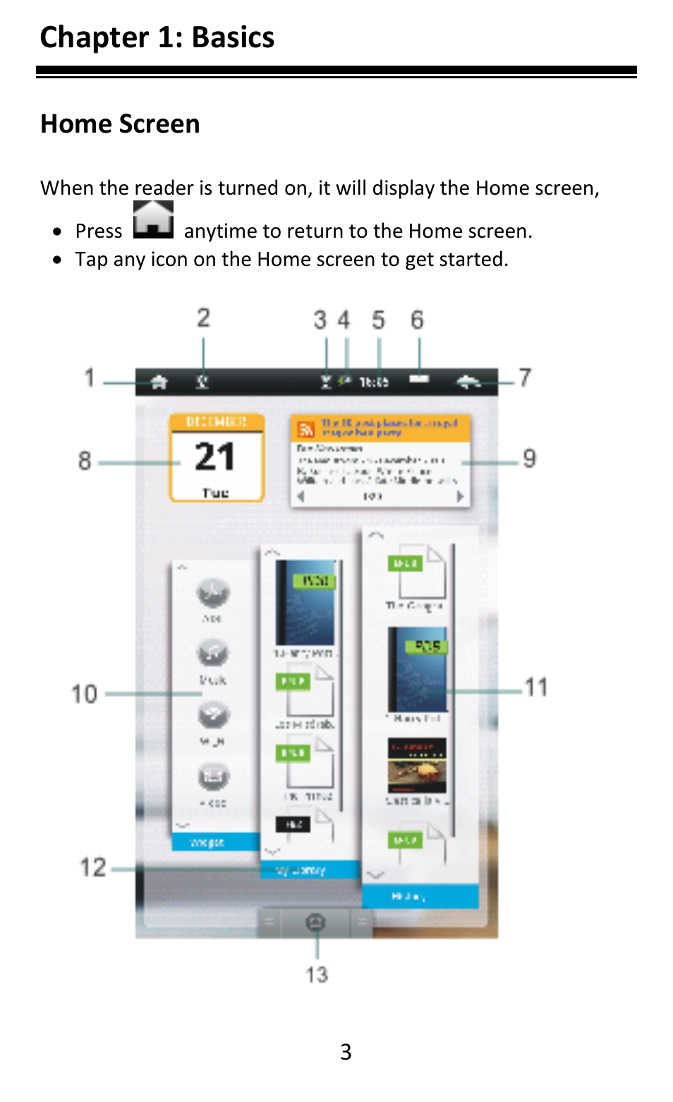 Chapter 1: basics, Home screen | Aluratek AEBK08FB User Manual | Page 8 / 49