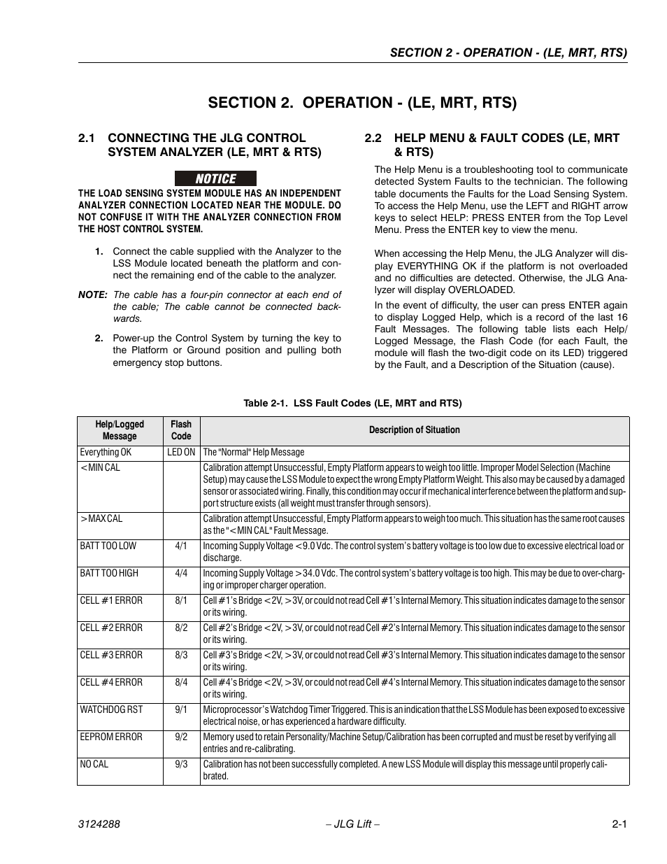 Section 2. operation - (le, mrt, rts), 2 help menu & fault codes (le, mrt & rts), Section 2 - operation - (le, mrt, rts) | Help menu & fault codes (le, mrt & rts) -1, Lss fault codes (le, mrt and rts) -1 | JLG LSS Scissors User Manual | Page 13 / 78