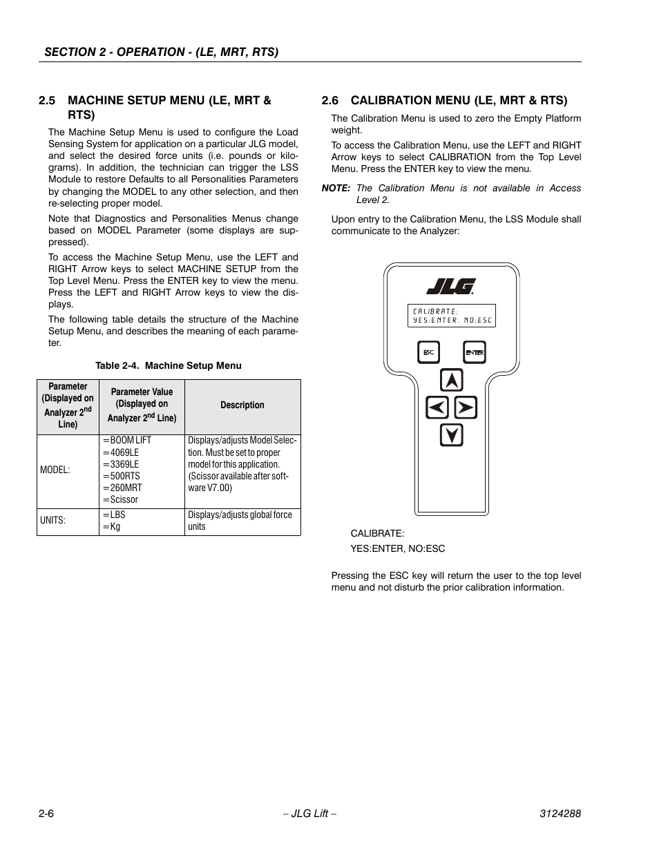 5 machine setup menu (le, mrt & rts), 6 calibration menu (le, mrt & rts), Machine setup menu (le, mrt & rts) -6 | Calibration menu (le, mrt & rts) -6, Machine setup menu -6 | JLG LSS Scissors User Manual | Page 18 / 78