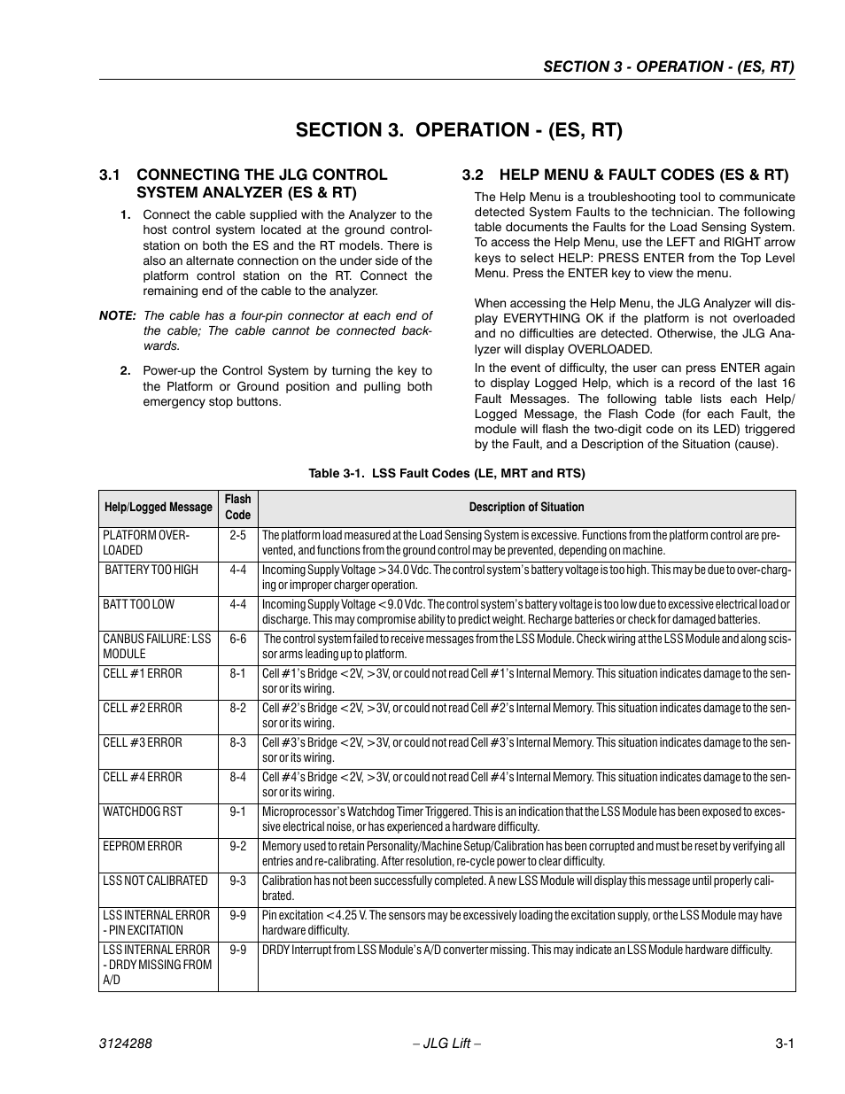 Section 3. operation - (es, rt), 2 help menu & fault codes (es & rt), Section 3 - operation - (es, rt) | Help menu & fault codes (es & rt) -1, Lss fault codes (le, mrt and rts) -1 | JLG LSS Scissors User Manual | Page 23 / 78