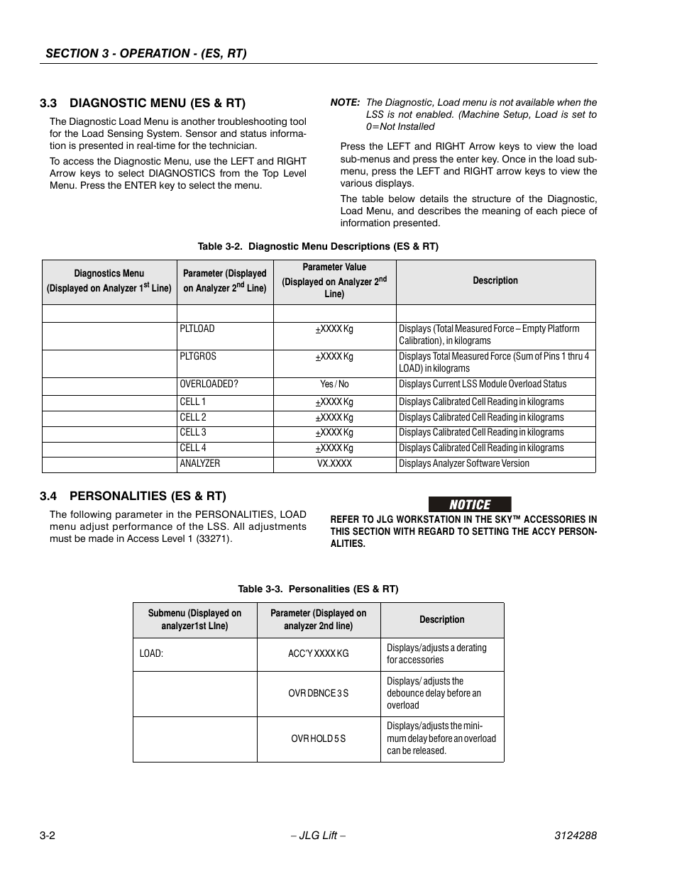 3 diagnostic menu (es & rt), 4 personalities (es & rt), Diagnostic menu (es & rt) -3 | Personalities (es & rt) -3, Diagnostic menu descriptions (es & rt) -3 | JLG LSS Scissors User Manual | Page 24 / 78