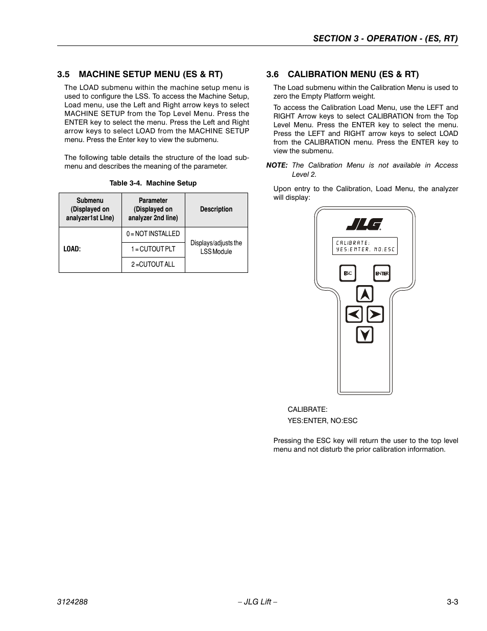 5 machine setup menu (es & rt), 6 calibration menu (es & rt), Machine setup menu (es & rt) -4 | Calibration menu (es & rt) -4, Machine setup -4 | JLG LSS Scissors User Manual | Page 25 / 78