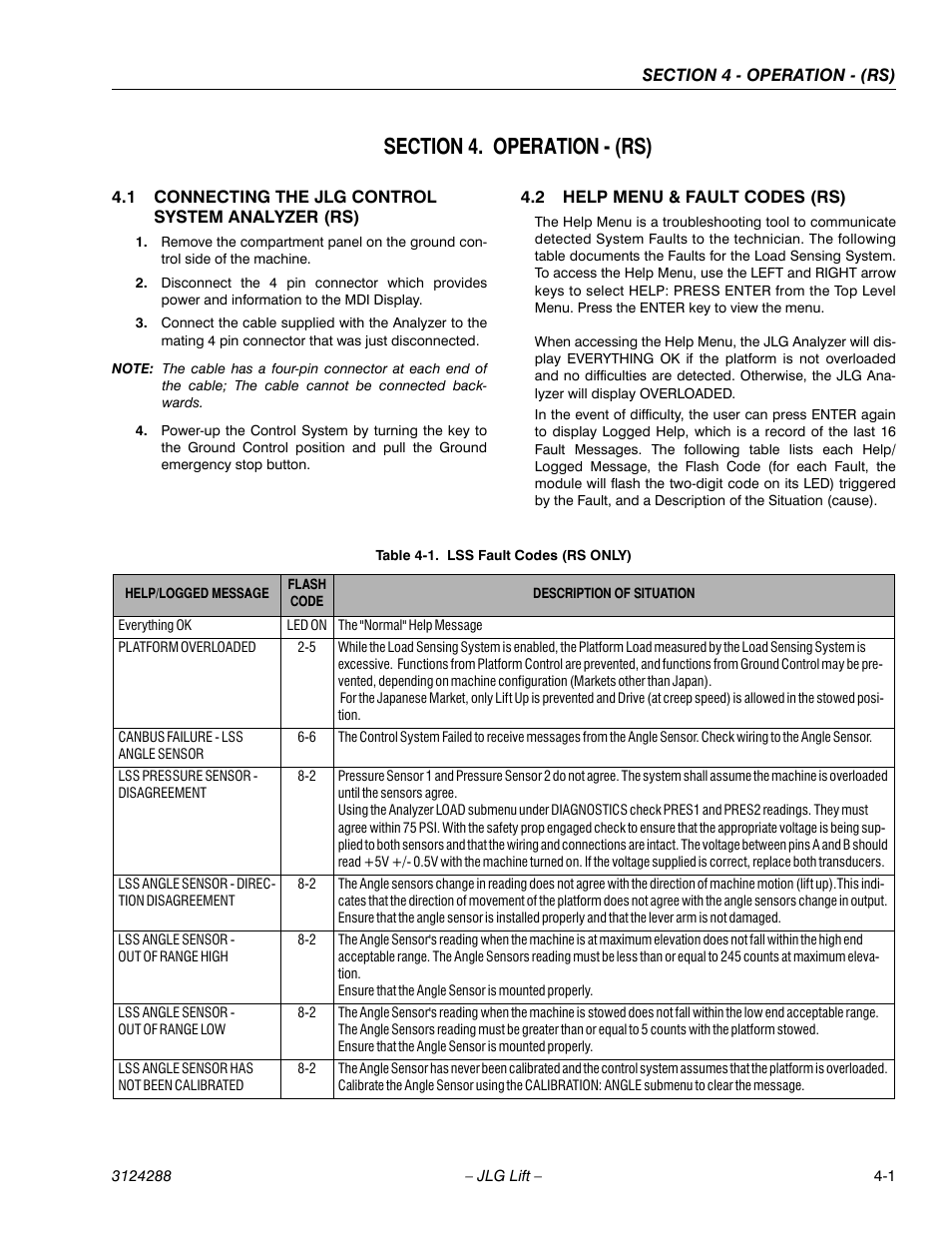 Section 4. operation - (rs), 1 connecting the jlg control system analyzer (rs), 2 help menu & fault codes (rs) | Help menu & fault codes (rs) -1, Lss fault codes (rs only) -1 | JLG LSS Scissors User Manual | Page 29 / 78