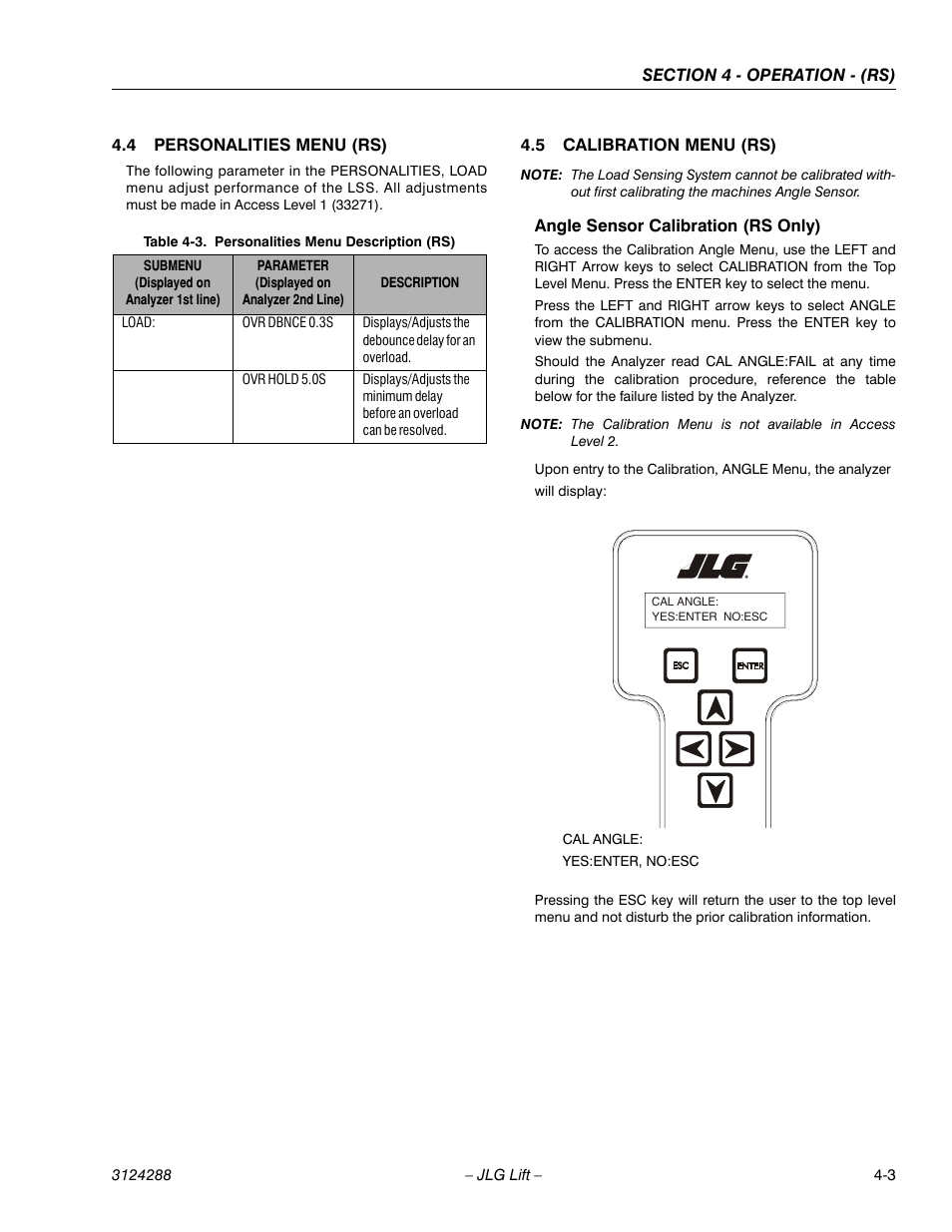 4 personalities menu (rs), 5 calibration menu (rs), Angle sensor calibration (rs only) | Personalities menu (rs) -3, Calibration menu (rs) -3, Angle sensor calibration (rs only) -3, Personalities menu description (rs) -3 | JLG LSS Scissors User Manual | Page 31 / 78