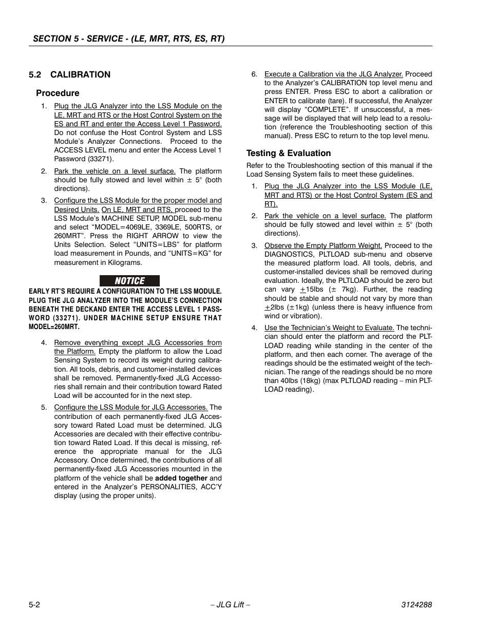 2 calibration, Procedure, Testing & evaluation | Calibration -2, Procedure -2 testing & evaluation -2 | JLG LSS Scissors User Manual | Page 38 / 78