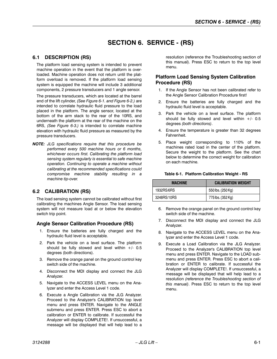 Section 6. service - (rs), 1 description (rs), 2 calibration (rs) | Angle sensor calibration procedure (rs), Section 6 - service - (rs), Description (rs) -1, Calibration (rs) -1, Platform calibration weight - rs -1 | JLG LSS Scissors User Manual | Page 53 / 78