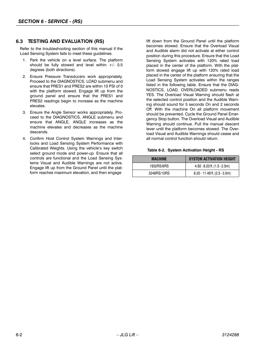 3 testing and evaluation (rs), Testing and evaluation (rs) -2, System activation height - rs -2 | JLG LSS Scissors User Manual | Page 54 / 78