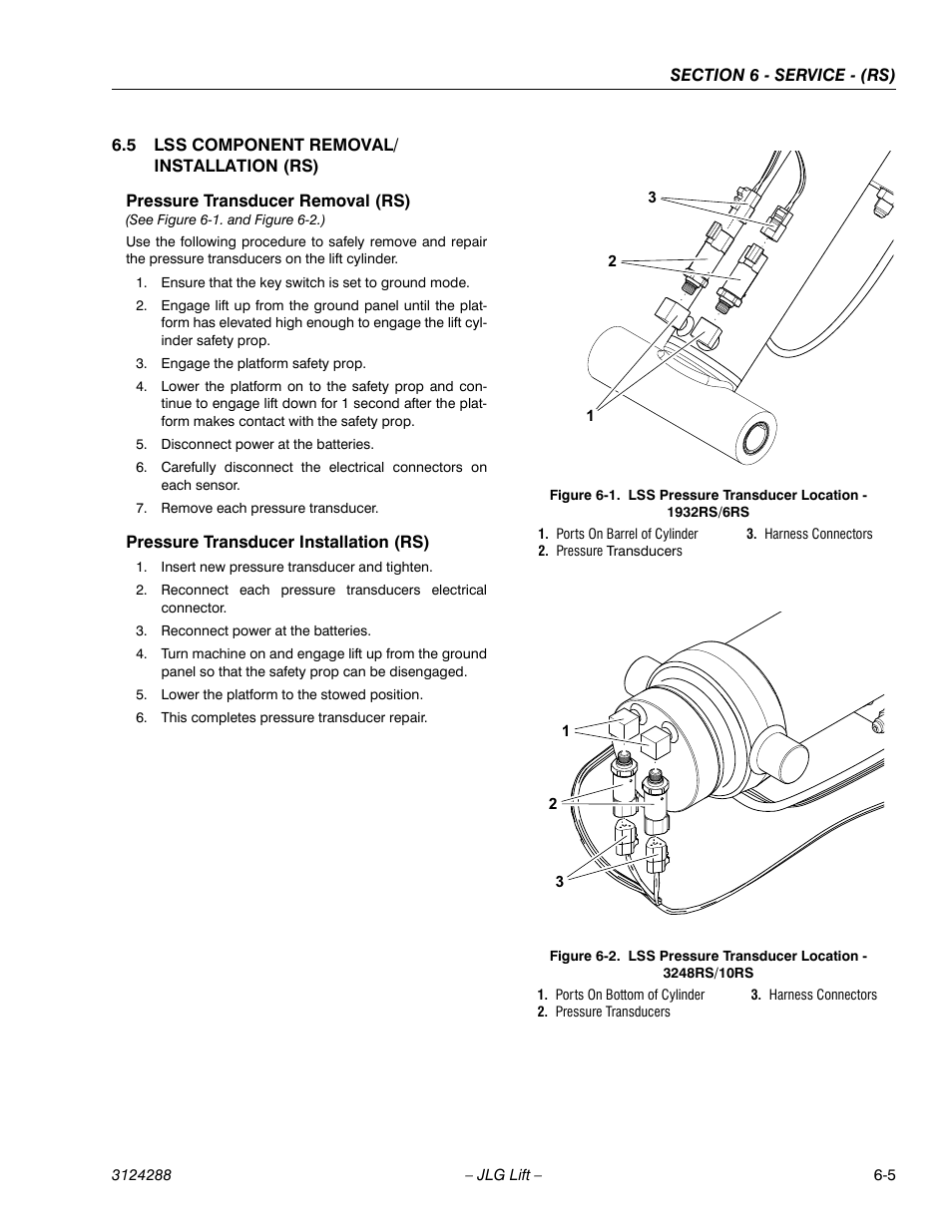 5 lss component removal/ installation (rs), Pressure transducer removal (rs), Pressure transducer installation (rs) | Lss component removal/installation (rs) -5, Lss pressure transducers location - 1932rs/6rs -5 | JLG LSS Scissors User Manual | Page 57 / 78