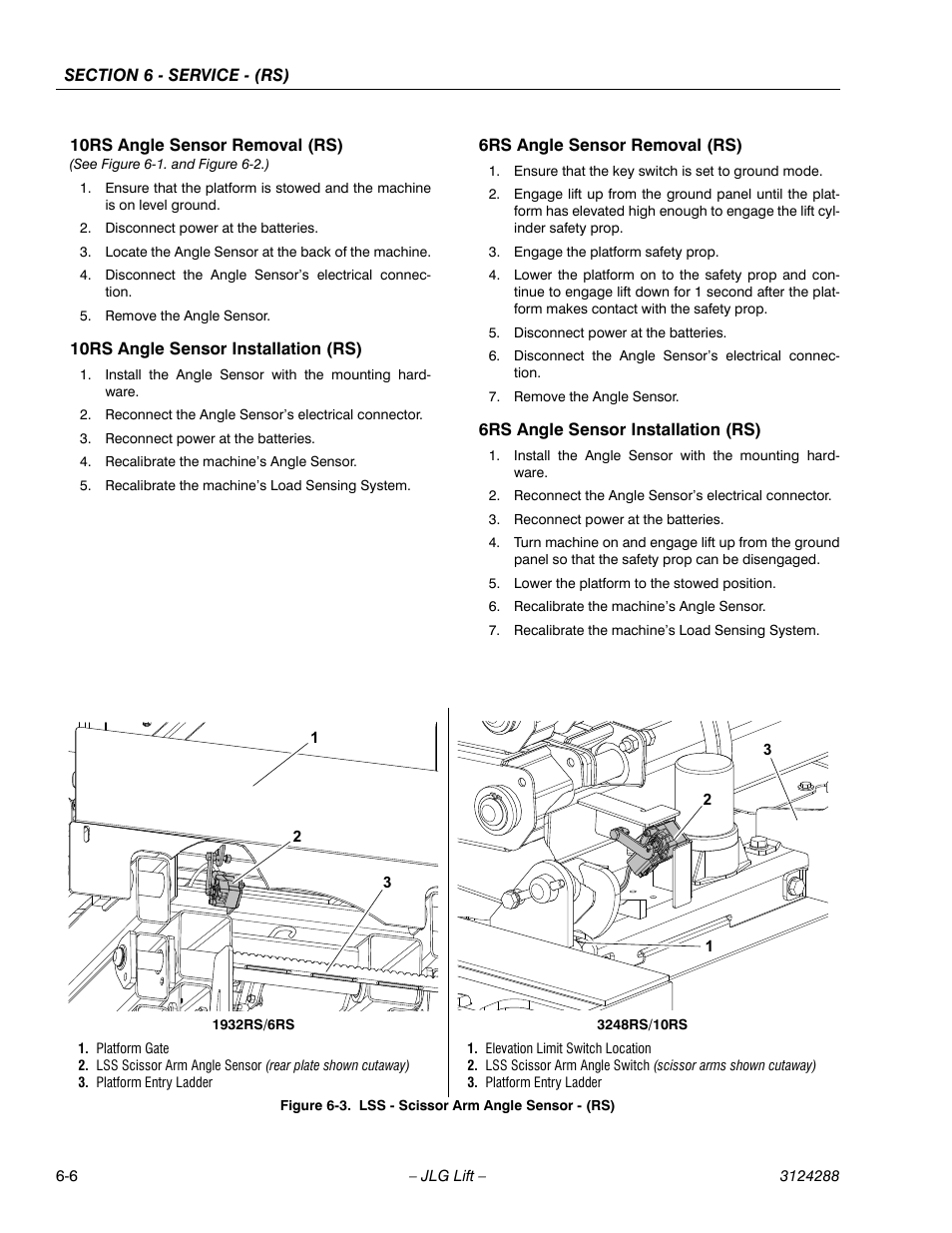 10rs angle sensor removal (rs), 10rs angle sensor installation (rs), 6rs angle sensor removal (rs) | 6rs angle sensor installation (rs), Lss - scissor arm angle sensor - (rs) -6 | JLG LSS Scissors User Manual | Page 58 / 78