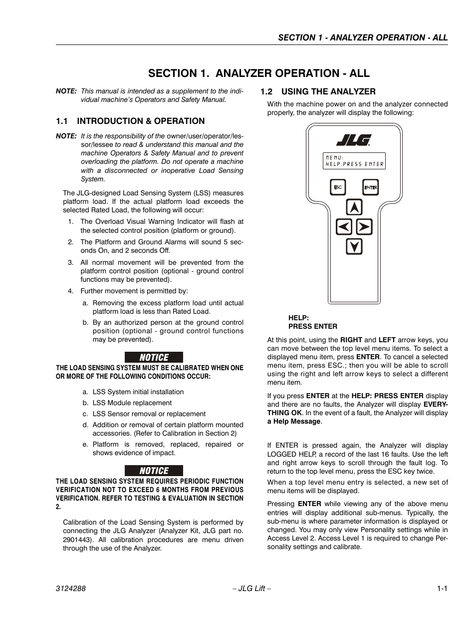 Section 1. analyzer operation - all, 1 introduction & operation, 2 using the analyzer | Section 1 - analyzer operation - all, Introduction & operation -1, Using the analyzer -1 | JLG LSS Scissors User Manual | Page 9 / 78