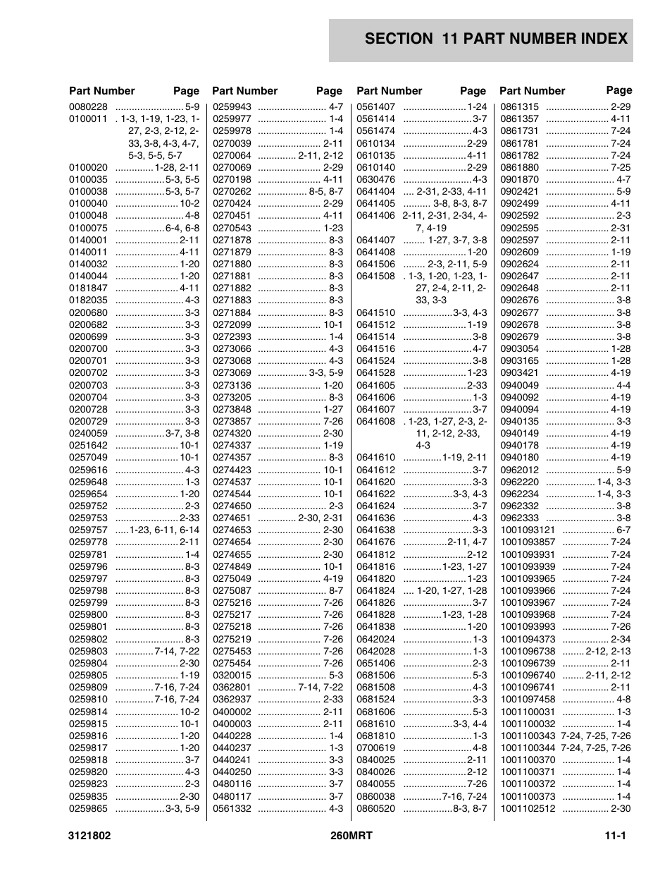 Section 11 part number index, 11 - part number index -1 | JLG 260MRT Parts Manual User Manual | Page 165 / 172
