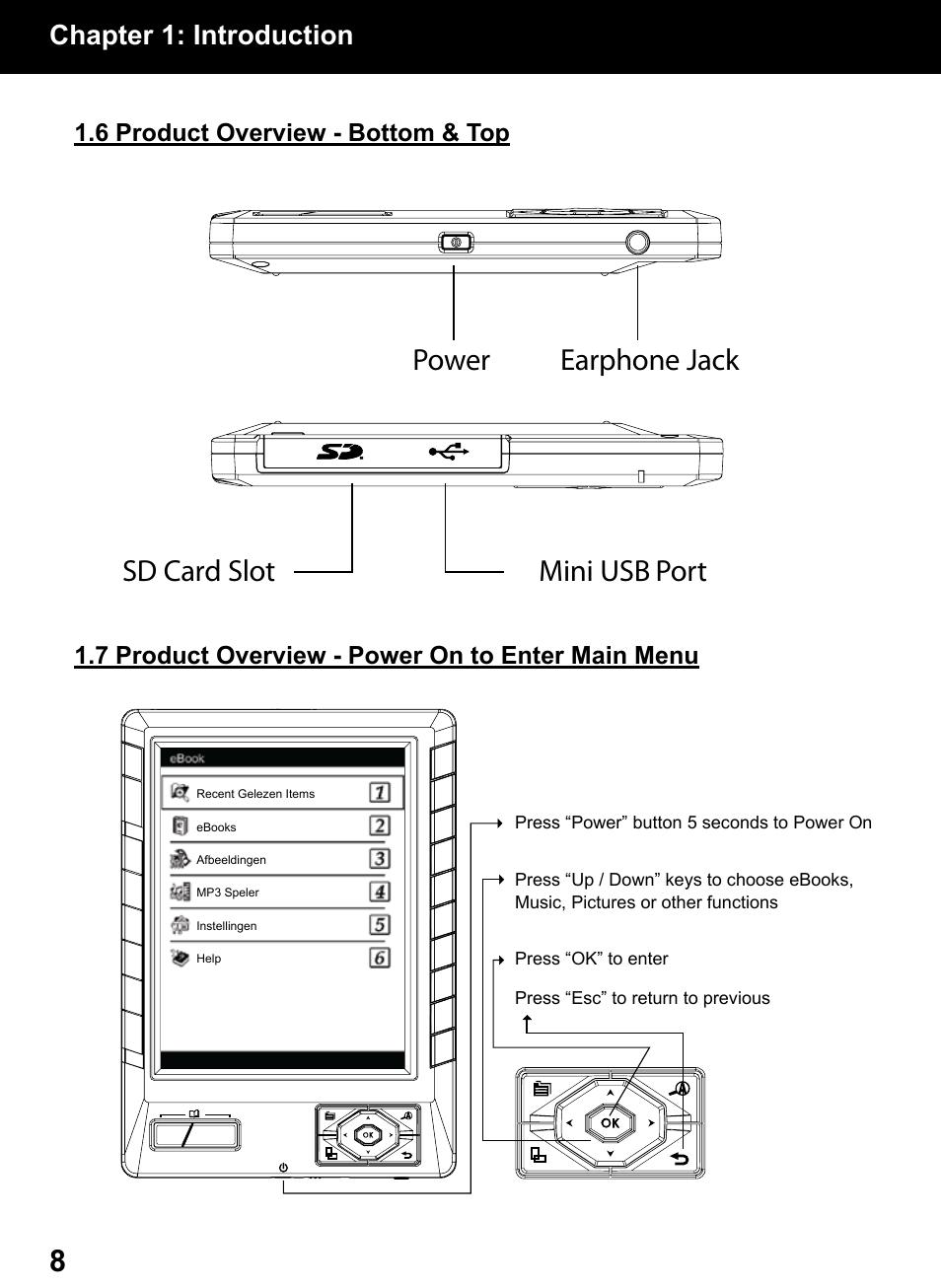 Earphone jack power mini usb port sd card slot, Chapter 1: introduction | Aluratek AEBK01FS User Manual | Page 8 / 26