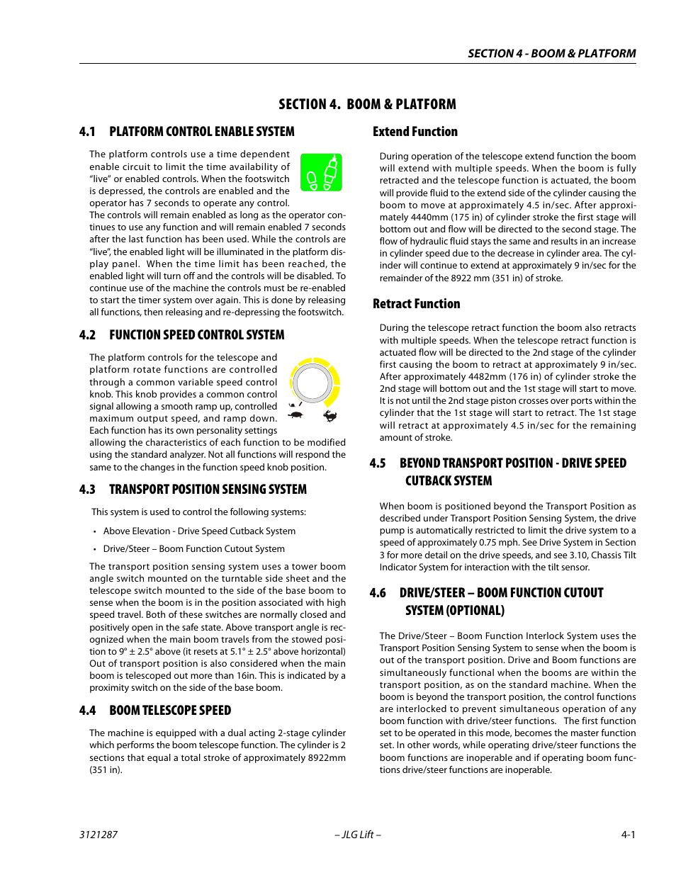 Section 4. boom & platform, 1 platform control enable system, 2 function speed control system | 3 transport position sensing system, 4 boom telescope speed, Extend function, Retract function, Section, 4 - boom & platform, Platform control enable system -1 | JLG 24RS Service Manual User Manual | Page 101 / 264