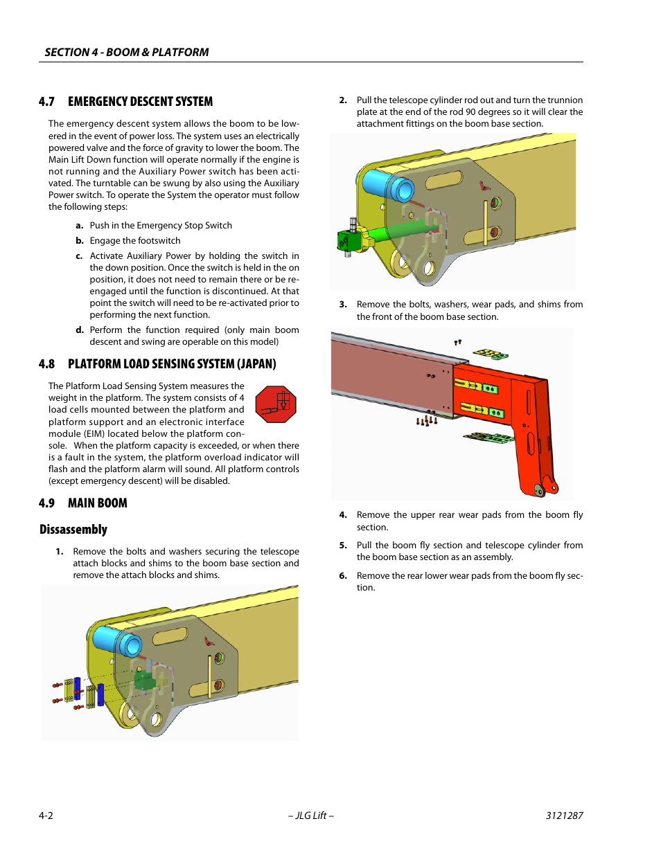 7 emergency descent system, 8 platform load sensing system (japan), 9 main boom | Dissassembly, Emergency descent system -2, Platform load sensing system (japan) -2, Main boom -2, Dissassembly -2, 9 main boom dissassembly | JLG 24RS Service Manual User Manual | Page 102 / 264