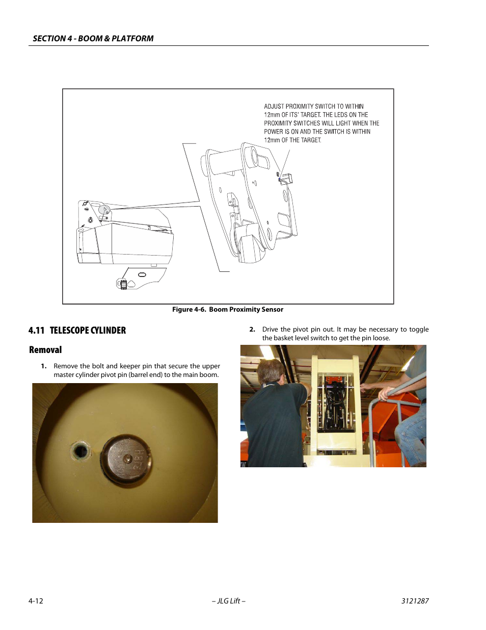 11 telescope cylinder, Removal, Telescope cylinder -12 | Removal -12, Boom proximity sensor -12, 11 telescope cylinder removal | JLG 24RS Service Manual User Manual | Page 112 / 264