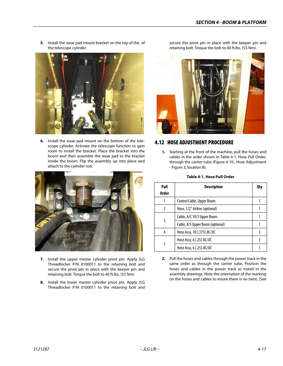 12 hose adjustment procedure, Hose adjustment procedure -17, Hose pull order -17 | JLG 24RS Service Manual User Manual | Page 117 / 264