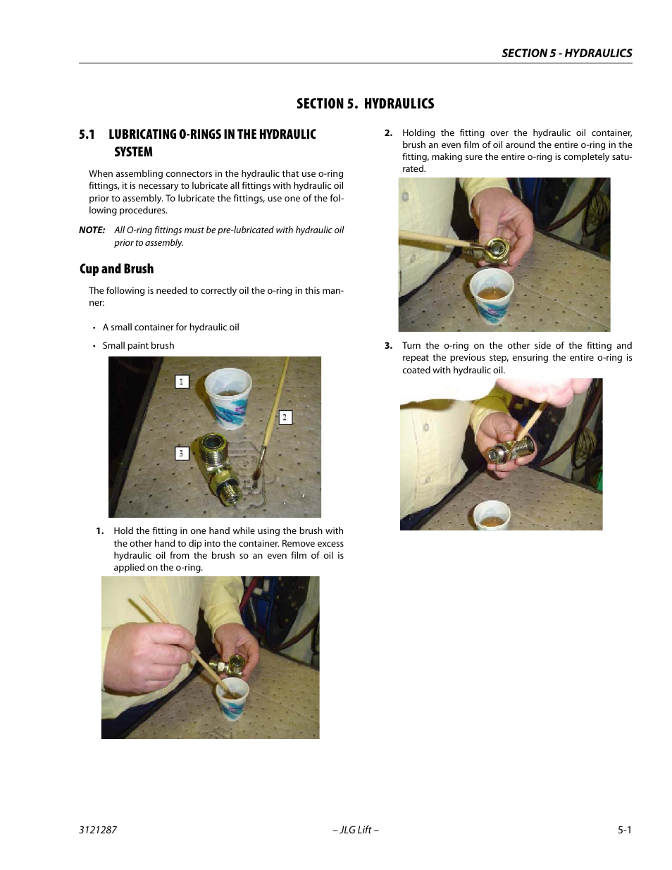Section 5. hydraulics, 1 lubricating o-rings in the hydraulic system, Cup and brush | Section, 5 - hydraulics, Lubricating o-rings in the hydraulic system -1, Cup and brush -1 | JLG 24RS Service Manual User Manual | Page 125 / 264