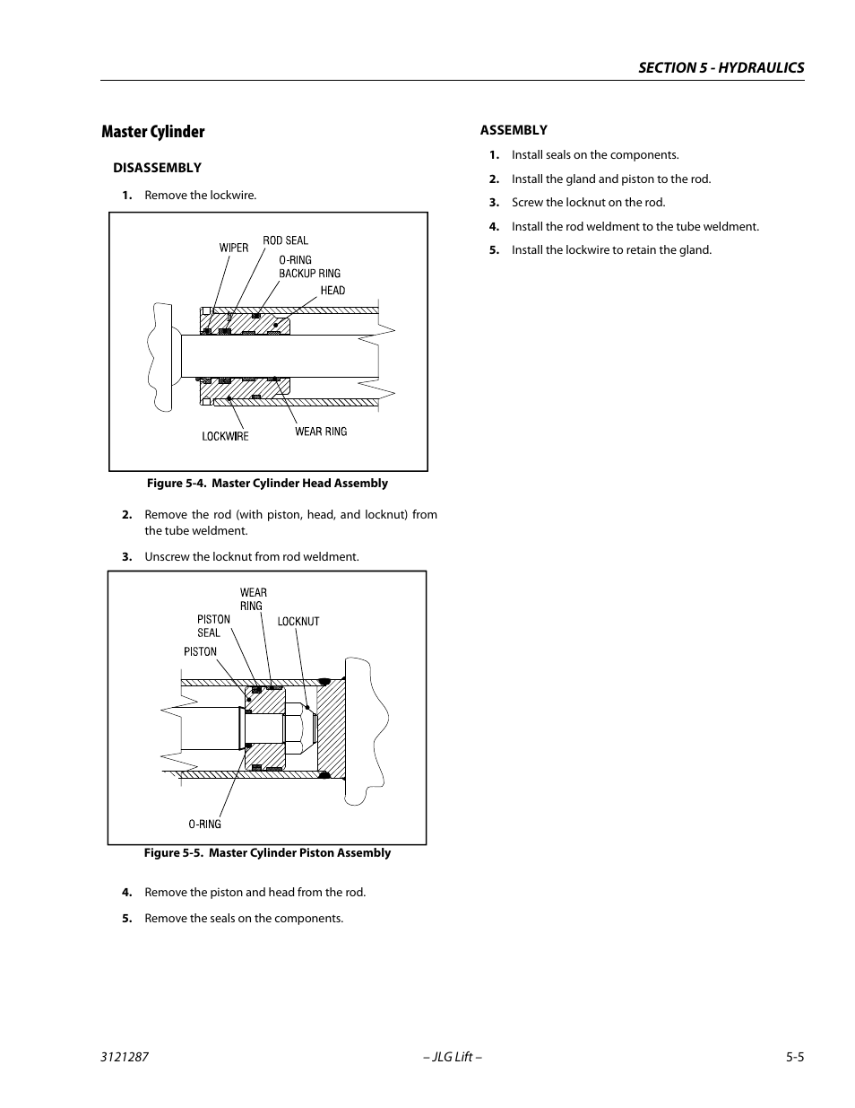 Master cylinder, Master cylinder -5, Master cylinder head assembly -5 | Master cylinder piston assembly -5 | JLG 24RS Service Manual User Manual | Page 129 / 264