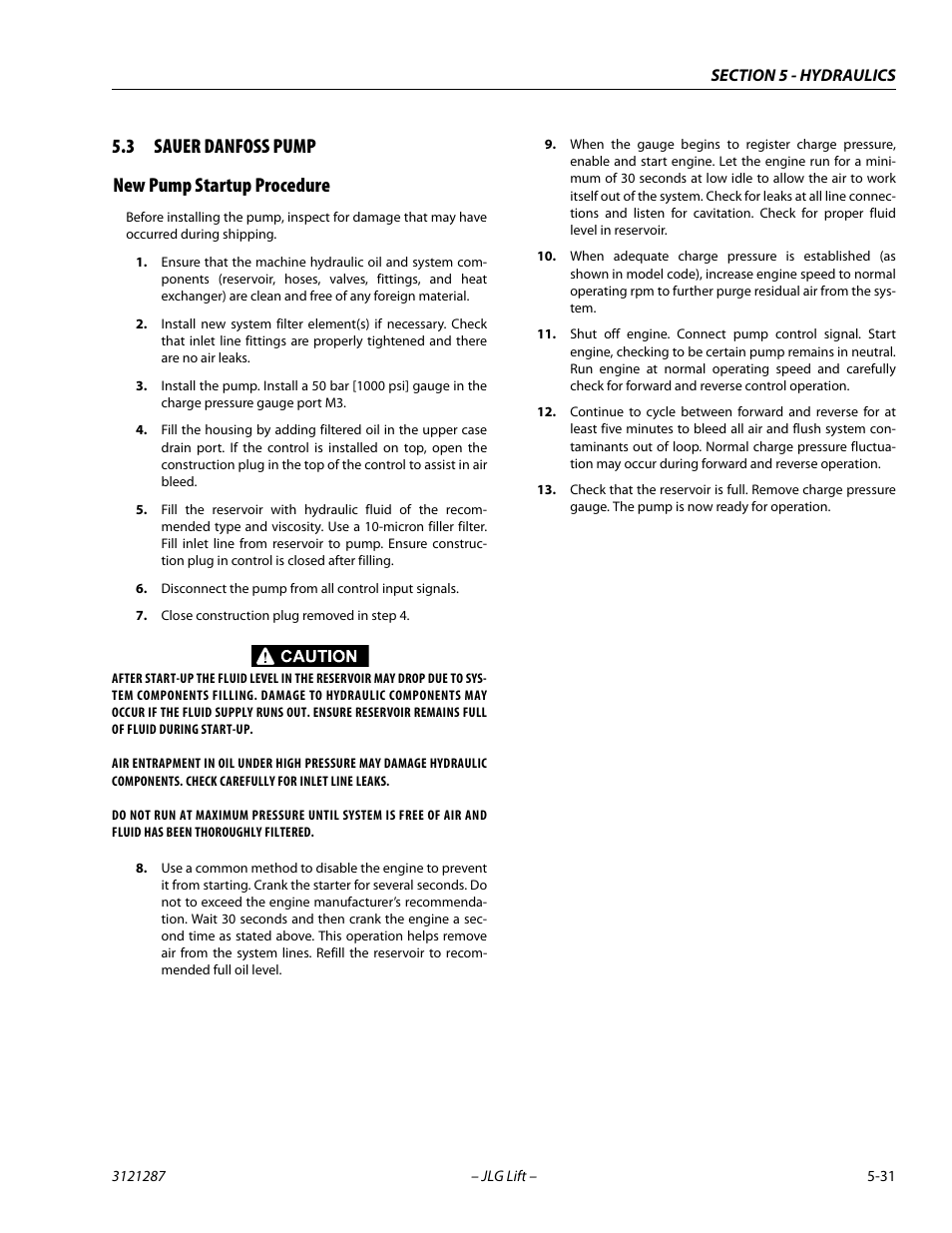 3 sauer danfoss pump, New pump startup procedure, Sauer danfoss pump -31 | New pump startup procedure -31, 3 sauer danfoss pump new pump startup procedure | JLG 24RS Service Manual User Manual | Page 155 / 264