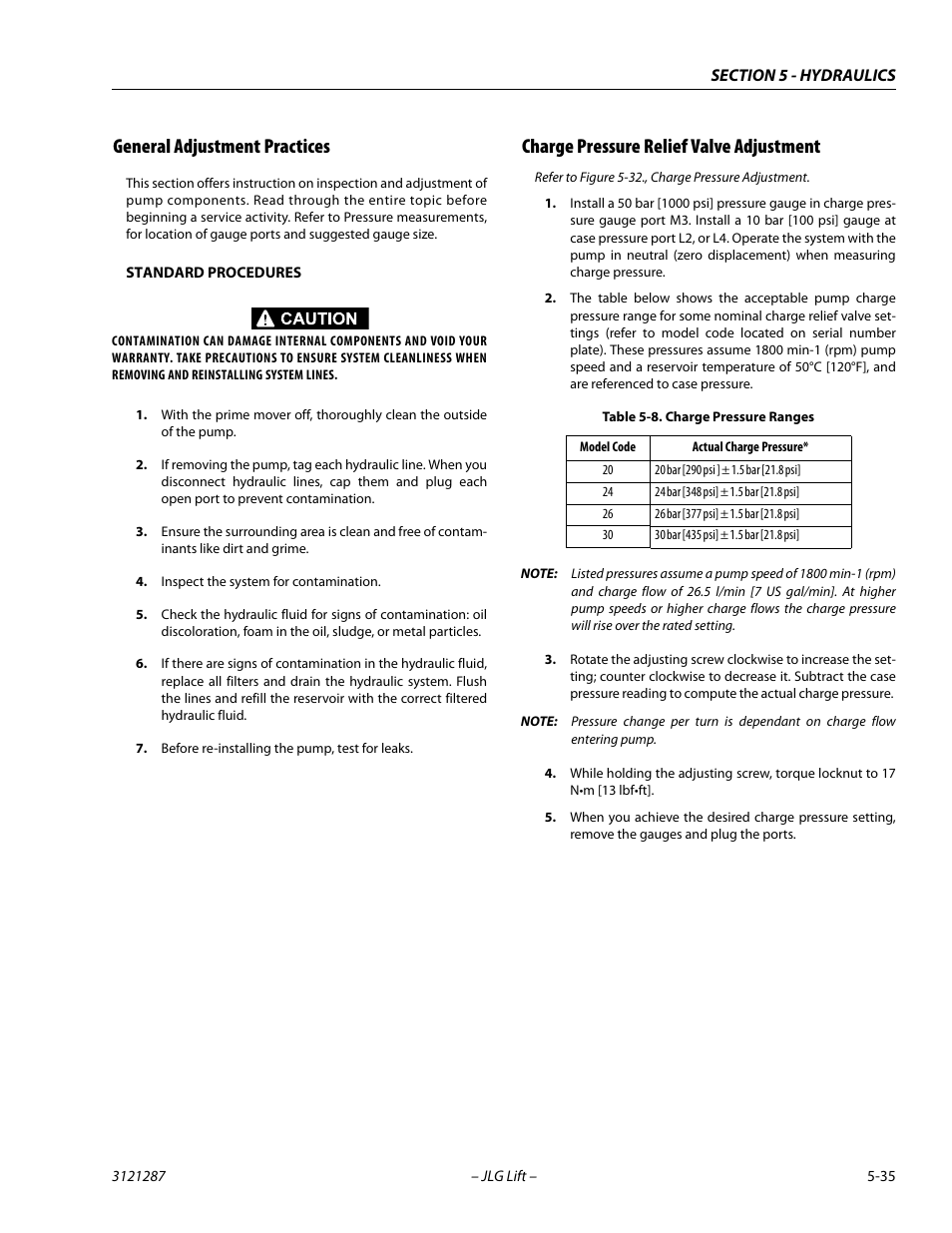 General adjustment practices, Charge pressure relief valve adjustment, Charge pressure ranges -35 | JLG 24RS Service Manual User Manual | Page 159 / 264
