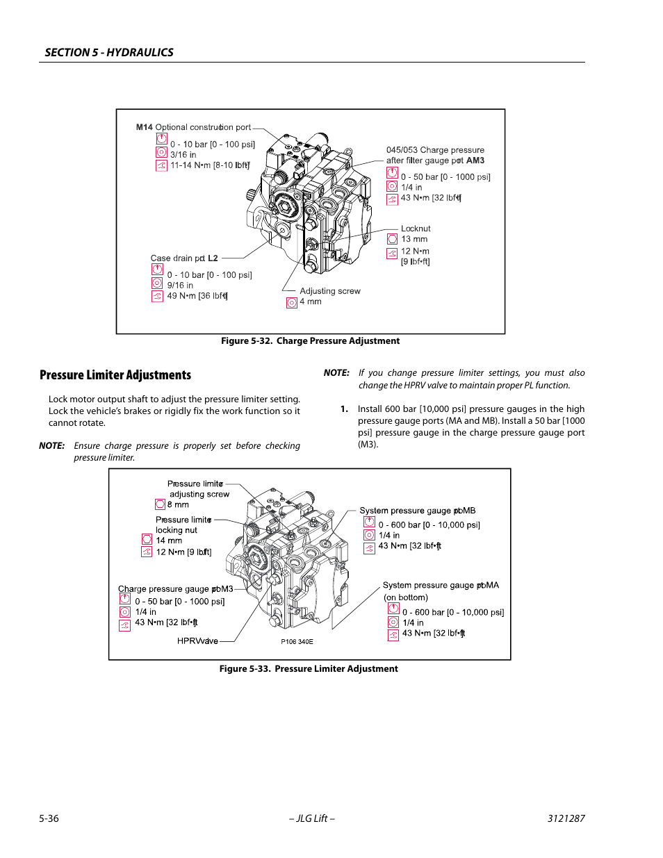 Pressure limiter adjustments, Pressure limiter adjustments -36, Charge pressure adjustment -36 | Pressure limiter adjustment -36 | JLG 24RS Service Manual User Manual | Page 160 / 264