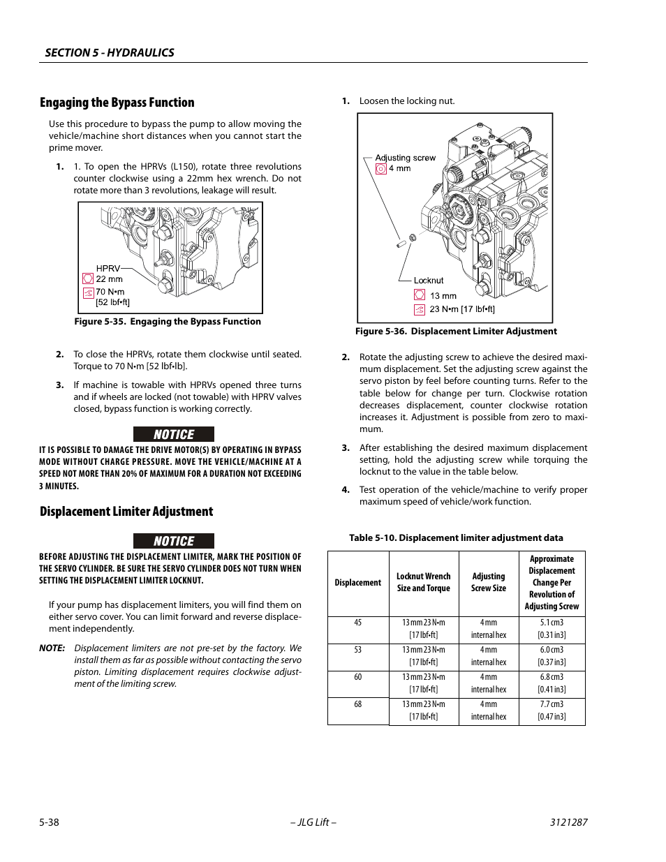Engaging the bypass function, Displacement limiter adjustment, Engaging the bypass function -38 | Displacement limiter adjustment -38, Displacement limiter adjustment data -38 | JLG 24RS Service Manual User Manual | Page 162 / 264