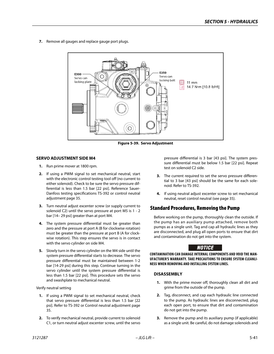 Standard procedures, removing the pump, Standard procedures, removing the pump -41, Servo adjustment -41 | JLG 24RS Service Manual User Manual | Page 165 / 264