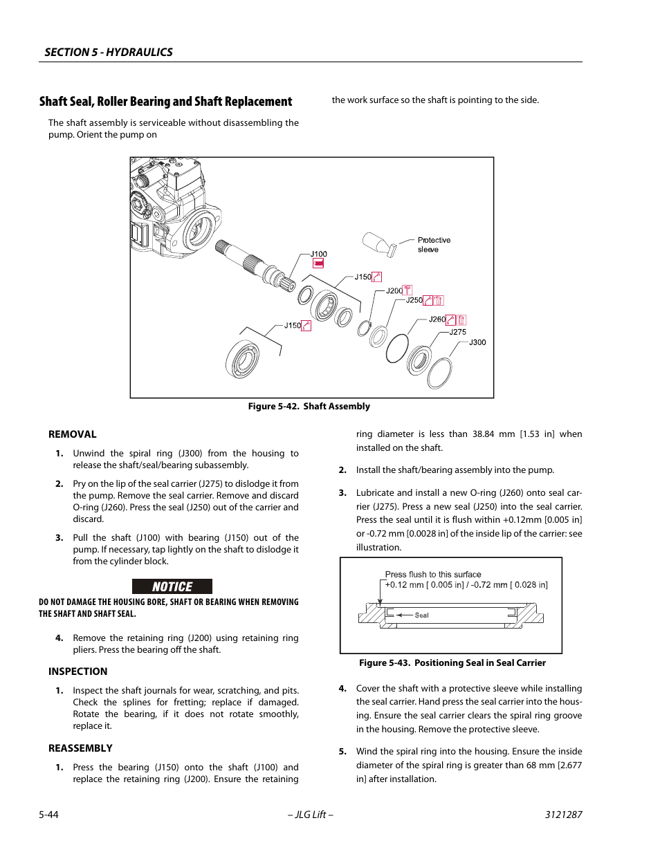 Shaft seal, roller bearing and shaft replacement, Shaft assembly -44, Positioning seal in seal carrier -44 | JLG 24RS Service Manual User Manual | Page 168 / 264