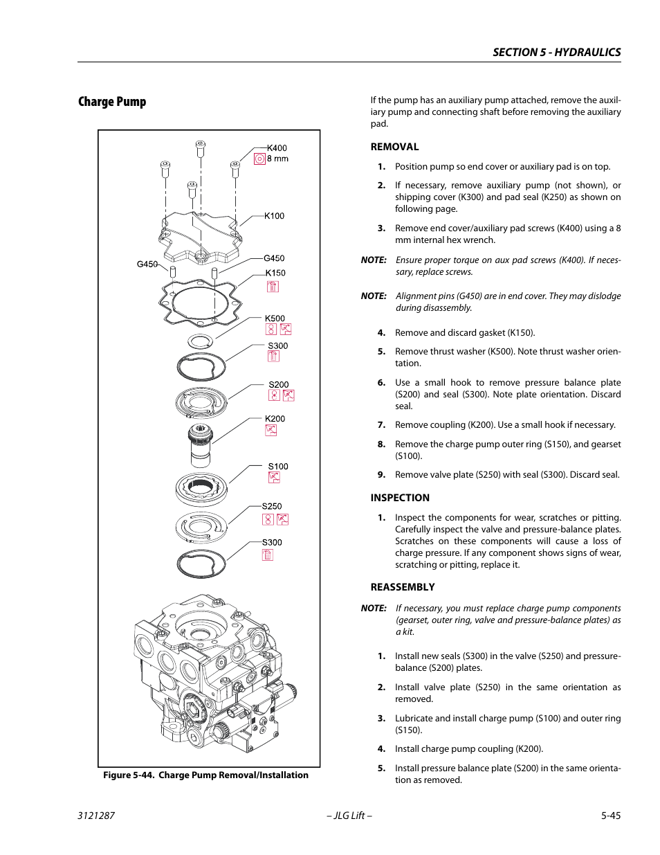Charge pump, Charge pump -45, Charge pump removal/installation -45 | JLG 24RS Service Manual User Manual | Page 169 / 264