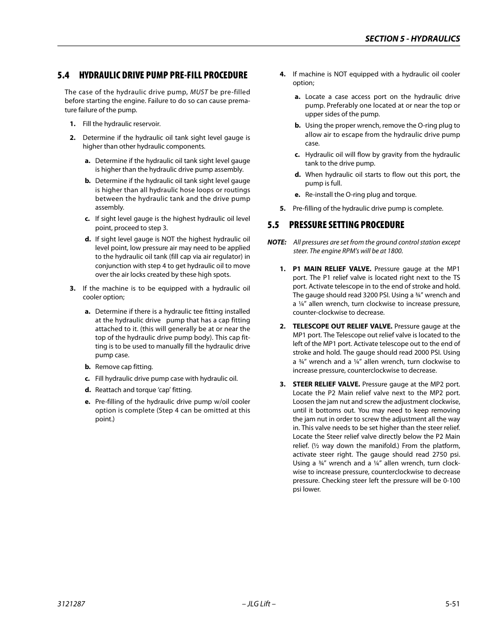 4 hydraulic drive pump pre-fill procedure, 5 pressure setting procedure, Hydraulic drive pump pre-fill procedure -51 | Pressure setting procedure -51 | JLG 24RS Service Manual User Manual | Page 175 / 264
