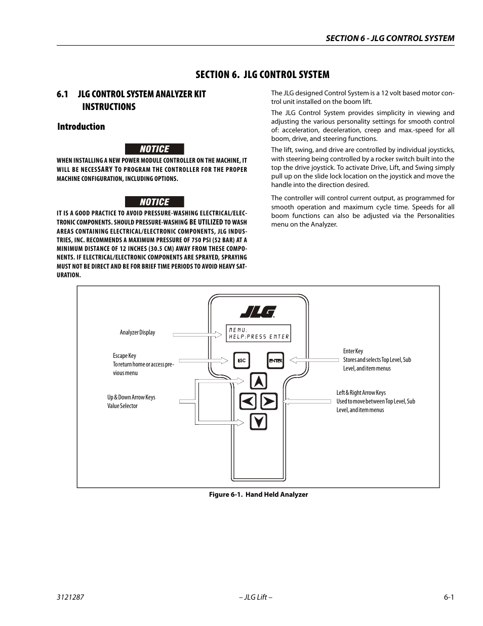 Section 6. jlg control system, 1 jlg control system analyzer kit instructions, Introduction | Section, 6 - jlg control system, Jlg control system analyzer kit instructions -1, Introduction -1, Hand held analyzer -1 | JLG 24RS Service Manual User Manual | Page 177 / 264