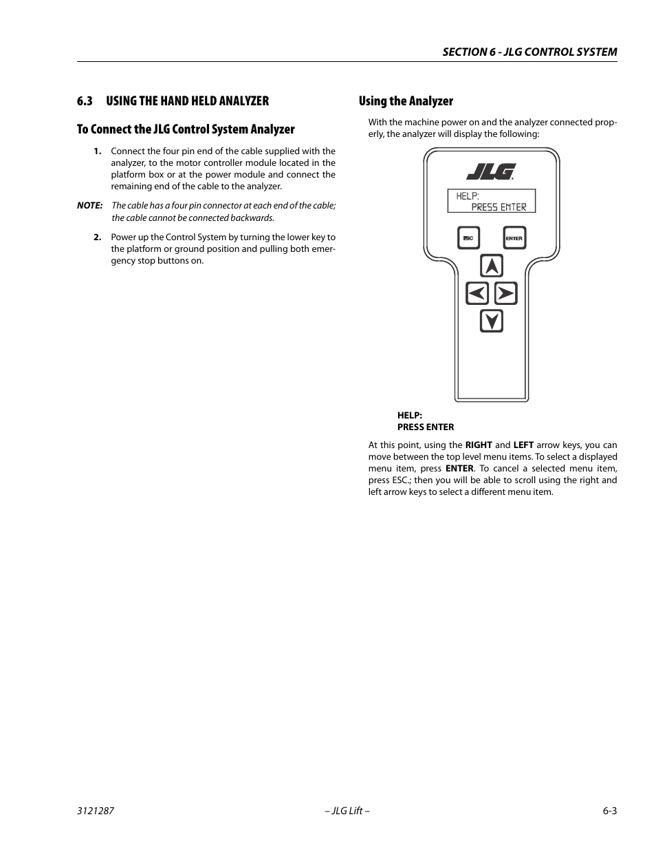3 using the hand held analyzer, To connect the jlg control system analyzer, Using the analyzer | Using the hand held analyzer -3 | JLG 24RS Service Manual User Manual | Page 179 / 264