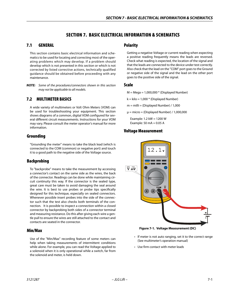 1 general, 2 multimeter basics, Grounding | Backprobing, Min/max, Polarity, Scale, Voltage measurement, Section, 7 - basic electrical information & schematics | JLG 24RS Service Manual User Manual | Page 235 / 264