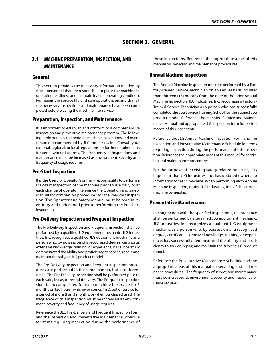Section 2. general, 1 machine preparation, inspection, and maintenance, General | Preparation, inspection, and maintenance, Pre-start inspection, Pre-delivery inspection and frequent inspection, Annual machine inspection, Preventative maintenance, Section, 2 - general | JLG 24RS Service Manual User Manual | Page 29 / 264