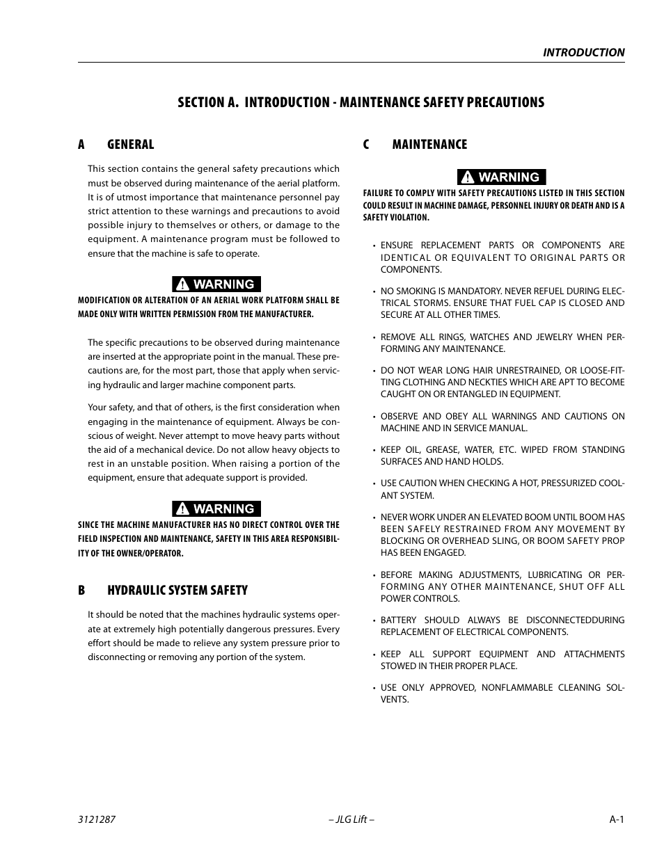 A general, B hydraulic system safety, C maintenance | Ageneral, Bhydraulic system safety, Cmaintenance | JLG 24RS Service Manual User Manual | Page 3 / 264