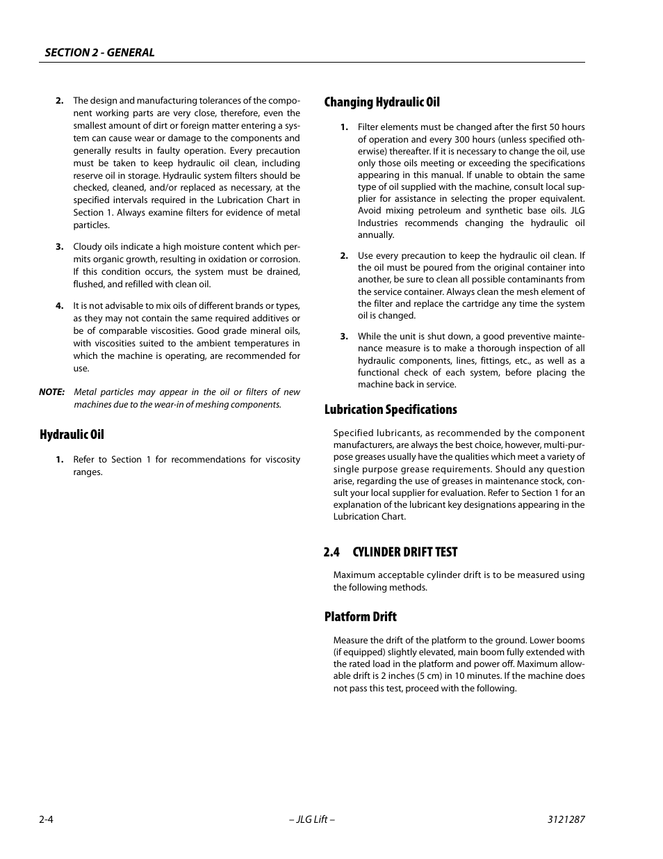 Hydraulic oil, Changing hydraulic oil, Lubrication specifications | 4 cylinder drift test, Platform drift, Cylinder drift test -4, Platform drift -4 | JLG 24RS Service Manual User Manual | Page 32 / 264