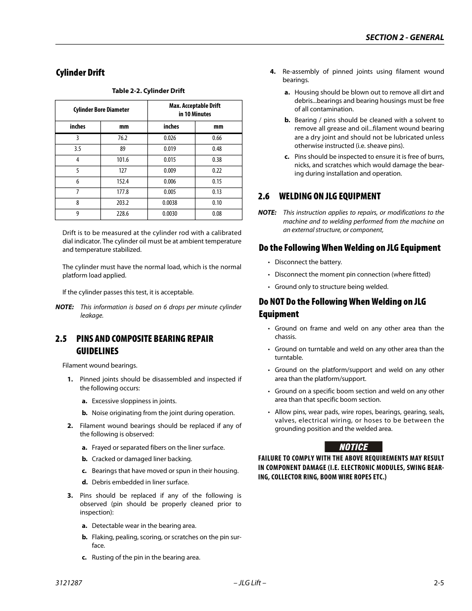 Cylinder drift, 5 pins and composite bearing repair guidelines, 6 welding on jlg equipment | Do the following when welding on jlg equipment, Cylinder drift -5, Pins and composite bearing repair guidelines -5, Welding on jlg equipment -5 | JLG 24RS Service Manual User Manual | Page 33 / 264