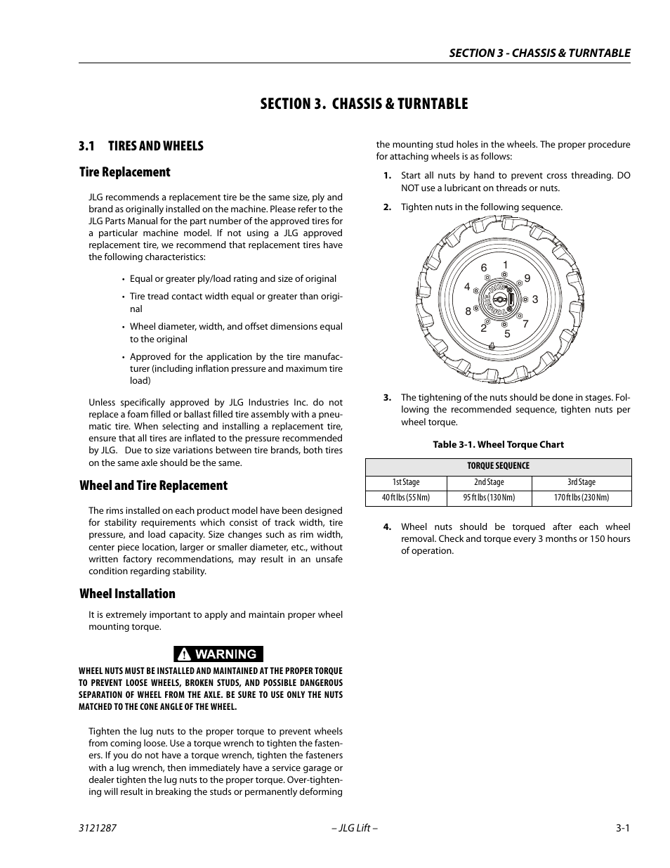 Section 3. chassis & turntable, 1 tires and wheels, Tire replacement | Wheel and tire replacement, Wheel installation, Section, 3 - chassis & turntable, Tires and wheels -1, Wheel torque chart -1, 1 tires and wheels tire replacement | JLG 24RS Service Manual User Manual | Page 39 / 264