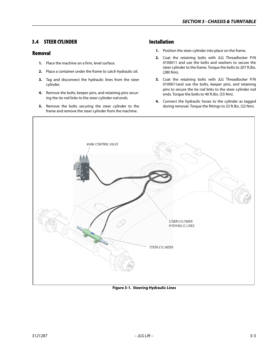 4 steer cylinder, Removal, Installation | Steer cylinder -3, Removal -3 installation -3, Steering hydraulic lines -3, 4 steer cylinder removal | JLG 24RS Service Manual User Manual | Page 41 / 264