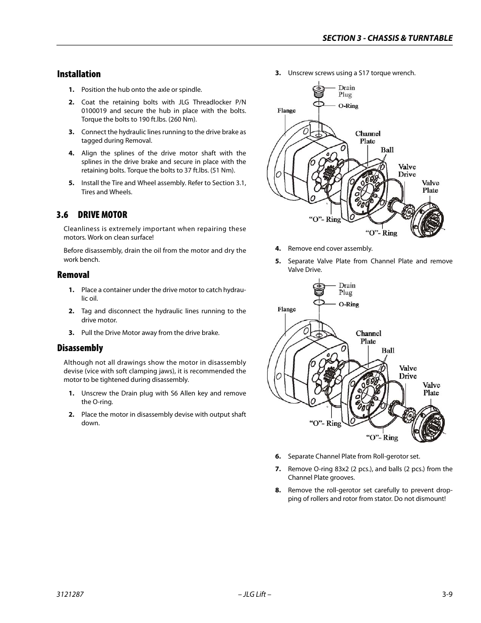 Installation, 6 drive motor, Removal | Disassembly, Installation -9, Drive motor -9, Removal -9 disassembly -9 | JLG 24RS Service Manual User Manual | Page 47 / 264